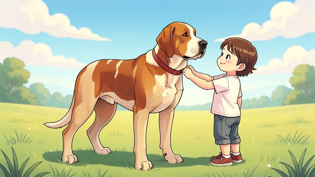 Ein großer, rötlich-brauner Rhodesian Ridgeback Hund steht neben einem lachenden Kind auf einer sonnigen Wiese.