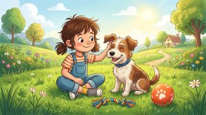 Ein Kind und ein Hund sitzen entspannt mit Spielzeug auf einer Wiese.