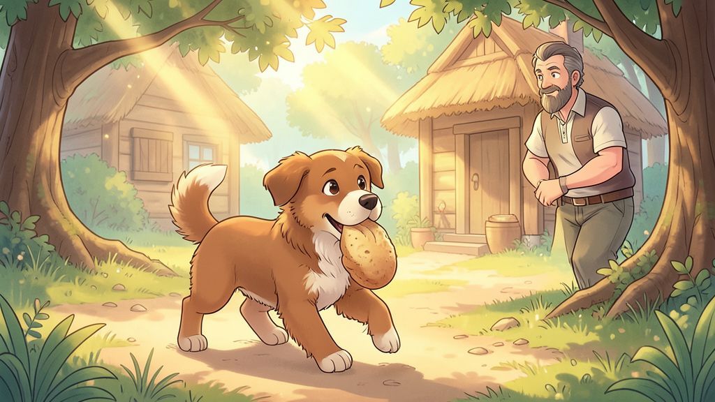 Ein kleiner, brauner Hund mit einem frischen Stück Brot im Maul läuft freudig durch einen sonnigen Wald zu einem freundlich lächelnden Mann.