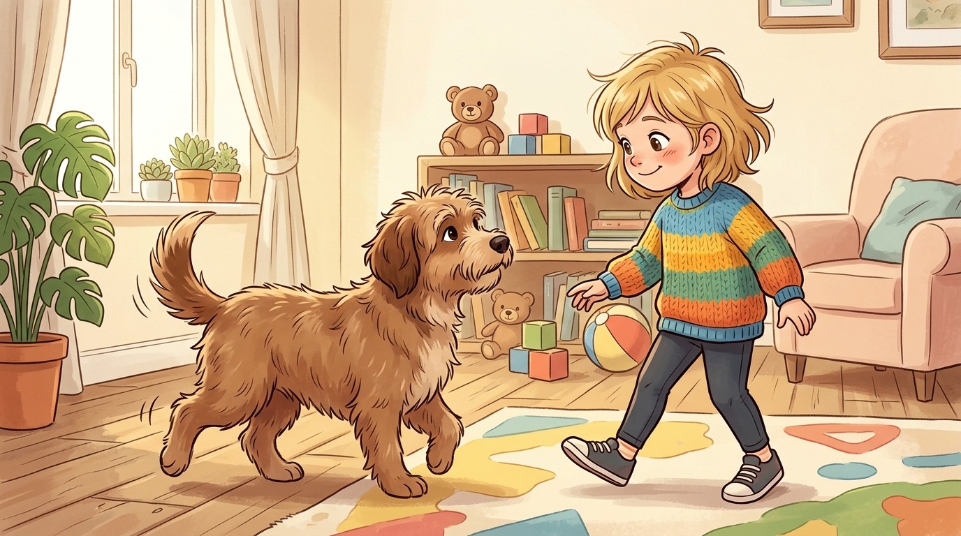 Ein glückliches Kind und ein aufmerksamer Hund üben gemeinsam im hellen Wohnzimmer die Rückwärts-Challenge.