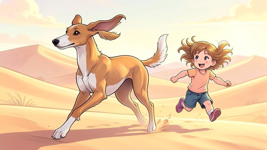 Ein eleganter, schlanker Saluki-Windhund rennt freudig neben einem lachenden Kind durch eine goldene Wüstenlandschaft.