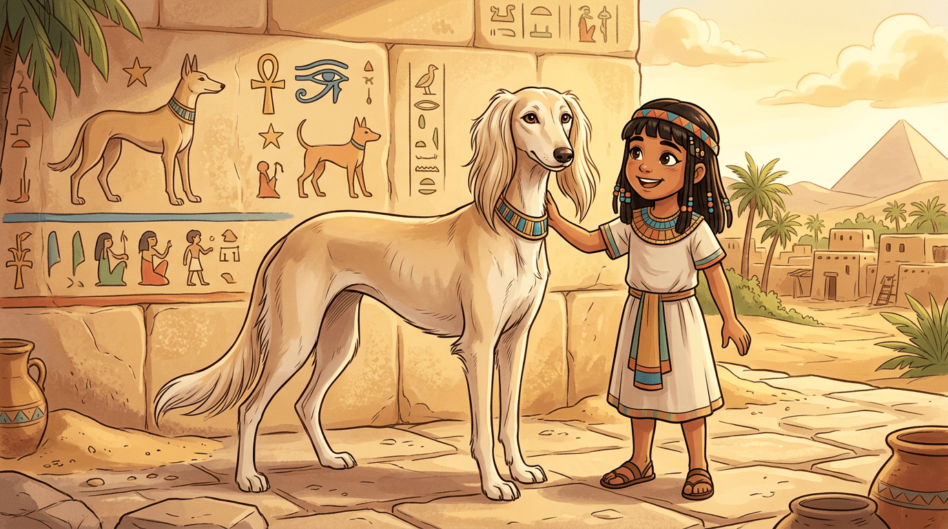 Eine kindgerechte Illustration eines Saluki-Hundes im alten Ägypten vor einer Wand mit Hundemotiven.