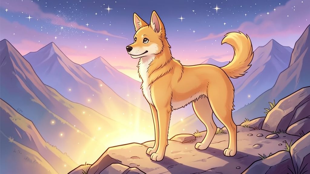 Die goldene Hündin Sarama steht stolz auf einem Bergpfad und blickt weise auf einen hellen Lichtschein im Tal.