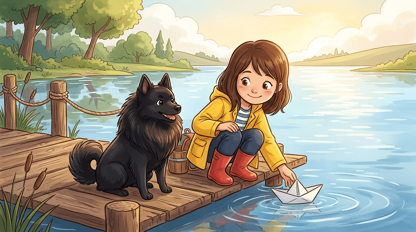 Ein kleiner schwarzer Schipperke Hund mit einer löwenartigen Mähne sitzt freundlich neben einem spielenden Kind auf einem Holzsteg am Wasser.