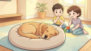 Ein friedlich schlafender Hund auf seinem Kissen, während zwei Kinder im Hintergrund leise spielen und darauf achten, ihn nicht aufzuwecken.
