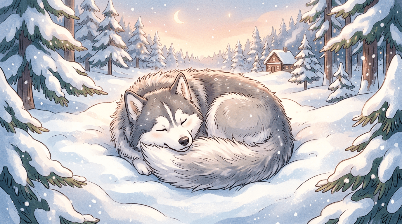 Ein flauschiger Husky-Schlittenhund rollt sich im blauen Schnee zusammen und nutzt seinen buschigen Schwanz als Schal für seine Nase.