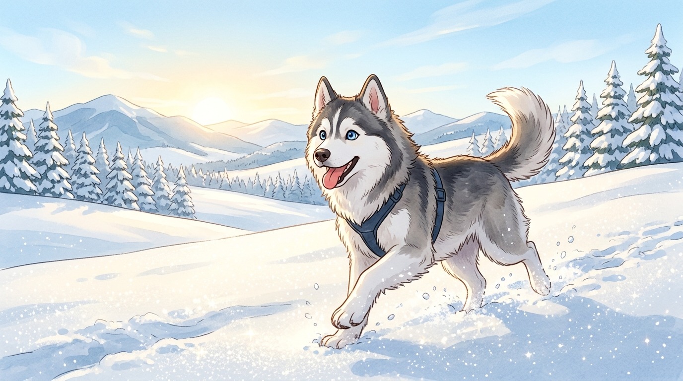 Ein fröhlicher Husky läuft mit viel Energie durch eine glitzernde Schneelandschaft.
