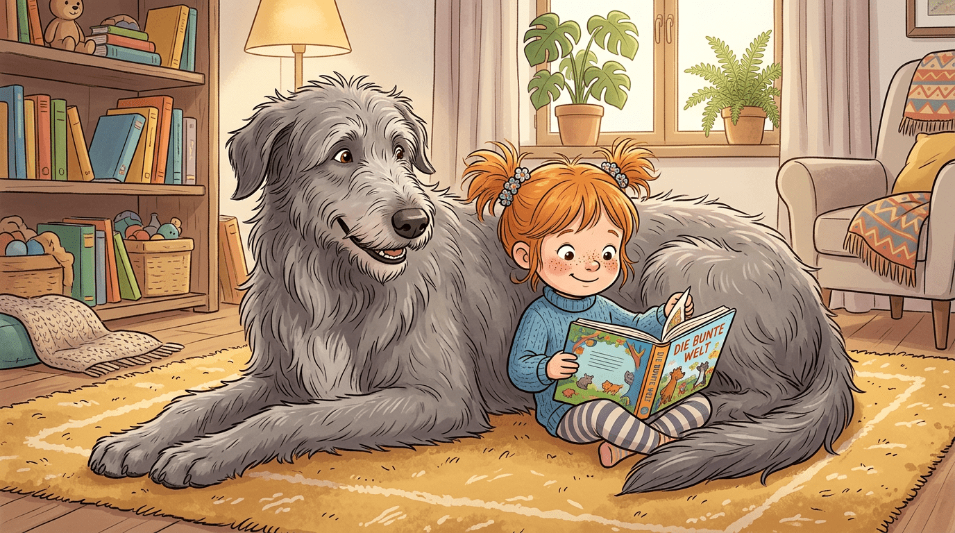 Ein großer, struppiger Schottischer Hirschhund liegt entspannt in einem gemütlichen Wohnzimmer neben einem Kind, das ein Buch liest.