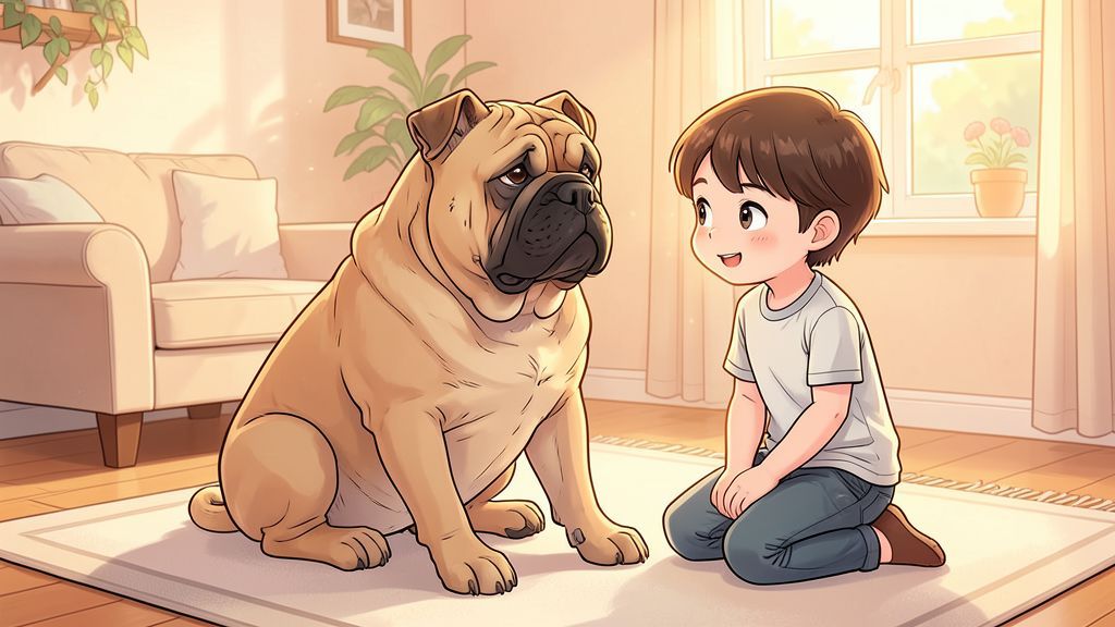 Ein sandfarbener Shar-Pei Hund mit vielen weichen Hautfalten sitzt entspannt auf einem Teppich neben einem lächelnden Kind in einem hellen Zimmer.