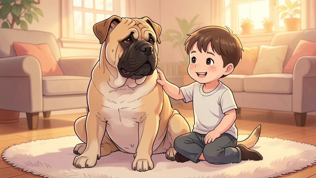 Eine freundliche Kinderbuch-Illustration eines faltigen Shar Pei Hundes, der neben einem lachenden Kind in einem gemütlichen Zimmer sitzt.