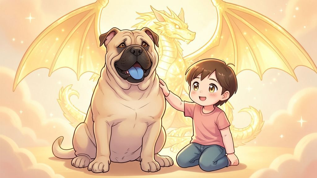 Ein faltiger Shar-Pei Hund sitzt gemütlich neben einem freundlich lächelnden Kind in einem hellen Kinderzimmer.