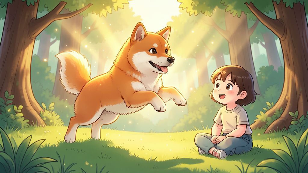 Eine zauberhafte Illustration eines Shiba Inu, der im goldenen Sonnenlicht eines Waldes tanzt, während ein Kind zuschaut.