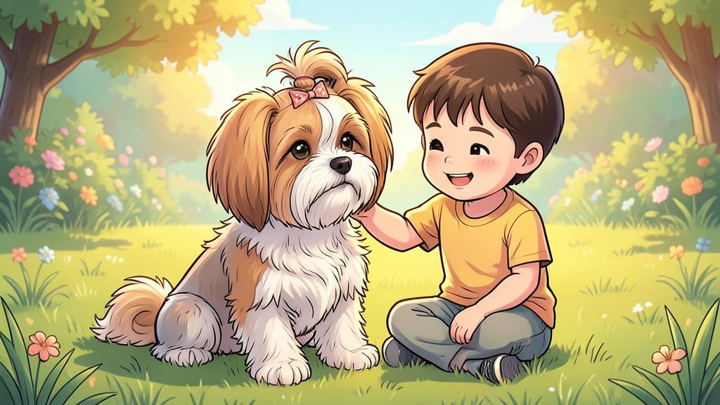 Ein flauschiger Shih Tzu Hund mit einem kleinen Zopf auf dem Kopf sitzt fröhlich im Gras neben einem spielenden Kind.