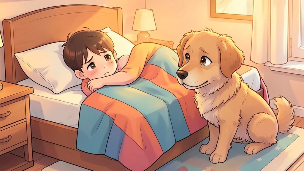 Ein krankes Kind liegt eingekuschelt im Bett und wird von einem besorgten, freundlichen Hund getröstet.