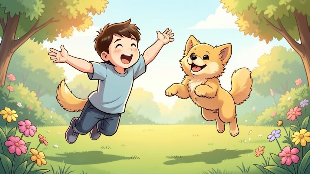 Ein glückliches Kind und ein kleiner, wuscheliger Welpe springen gemeinsam voller Freude in einem sonnigen Garten in die Luft.