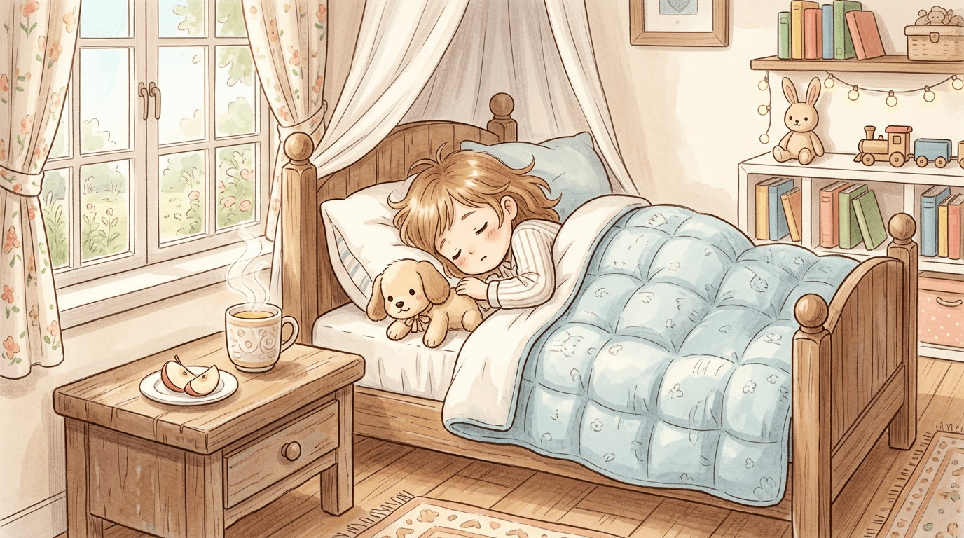 Ein krankes Kind liegt eingekuschelt im Bett mit einer Tasse Tee und einem kleinen Hundekuscheltier.