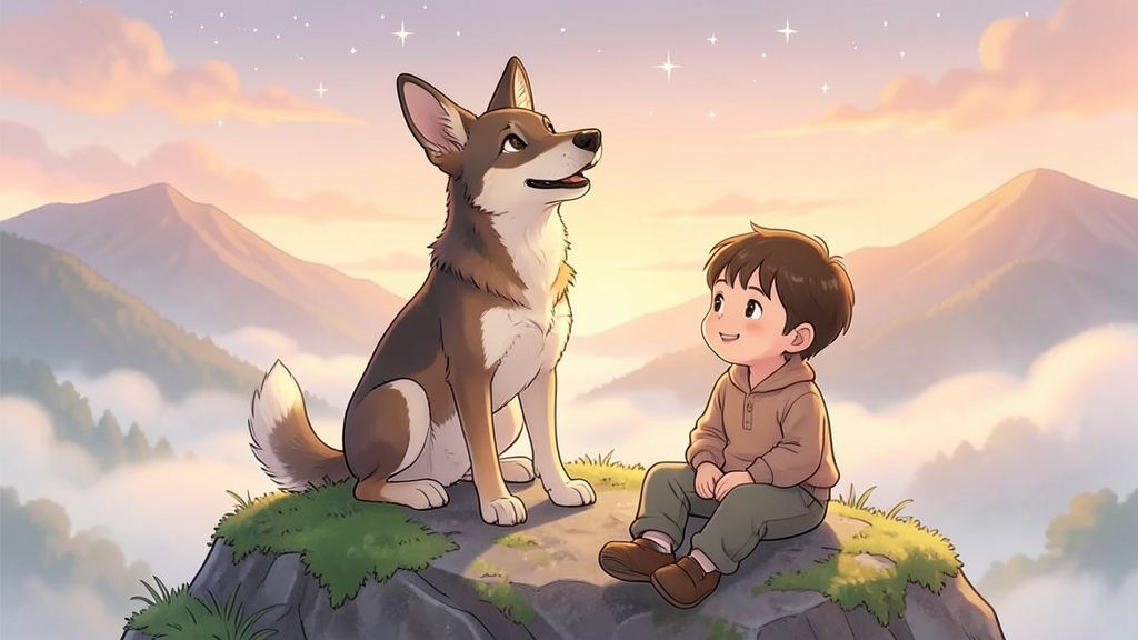 Eine Illustration eines Neuguinea-Dingos, der auf einem Bergfelsen unter einem Sternenhimmel sitzt und singt, während ein Kind daneben lauscht.