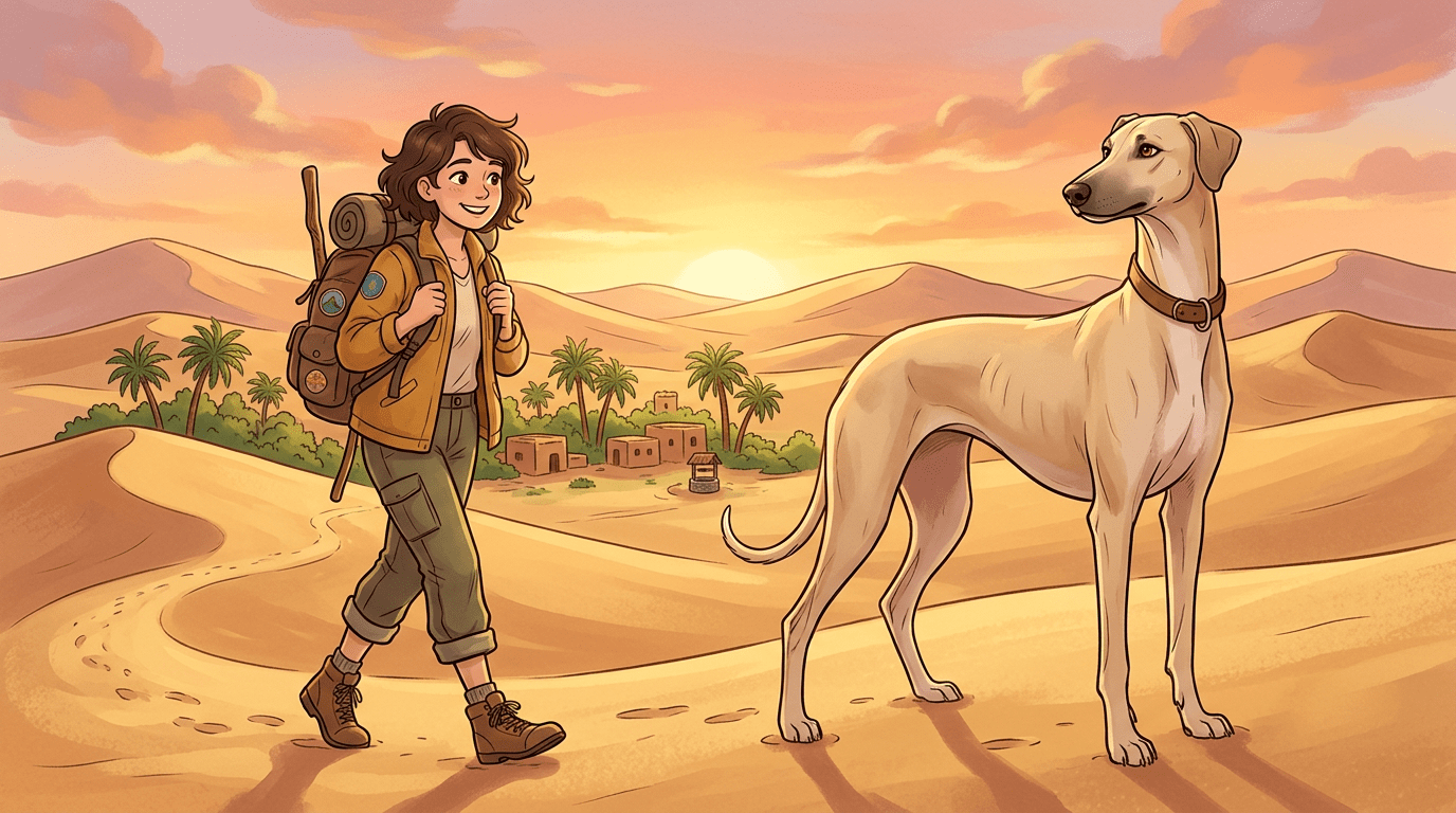 Ein eleganter, sandfarbener Sloughi-Hund steht majestätisch neben einem Wanderer in einer sonnigen Wüstenlandschaft mit Palmen.