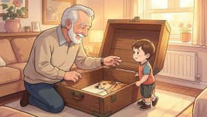Ein Großvater zeigt seinem Enkelkind eine leere alte Holztruhe, auf deren Boden das Bild eines Hundes zu sehen ist.