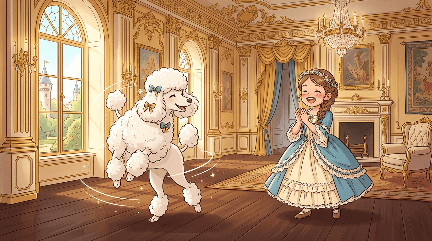 Ein lockiger weißer Pudel tanzt auf zwei Beinen in einem prächtigen Schlosssaal vor einem staunenden Kind.