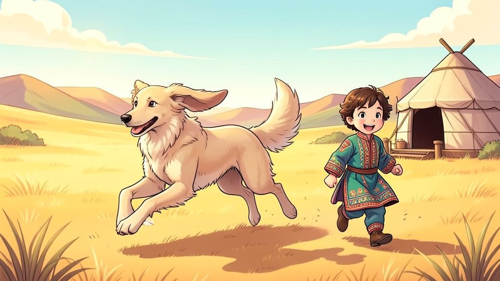 Eine kindgerechte Illustration des Windhundes Swan, der flink durch die goldene Steppe Kasachstans läuft, neben ihm ein lachendes Kind.