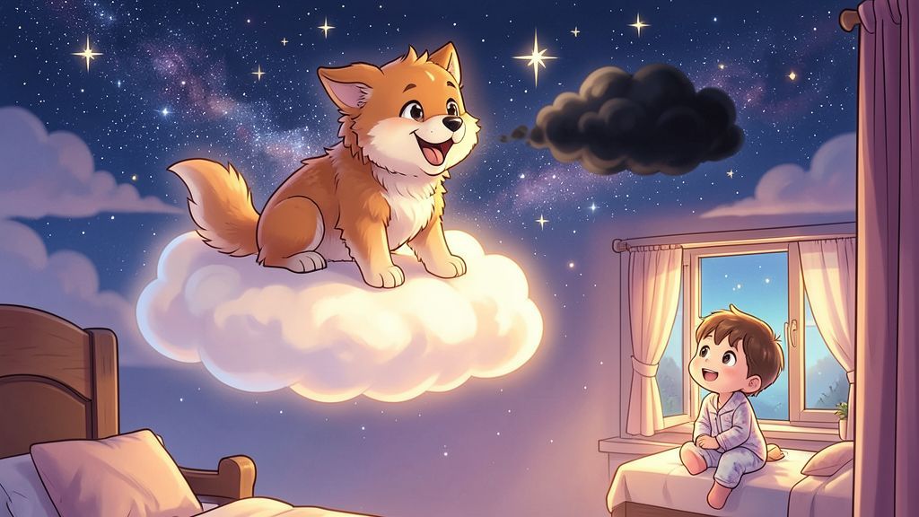 Eine kindgerechte Kinderbuch-Illustration von Tiangou, einem freundlichen himmlischen Hund, der auf einer leuchtenden Wolke im Sternenhimmel sitzt.