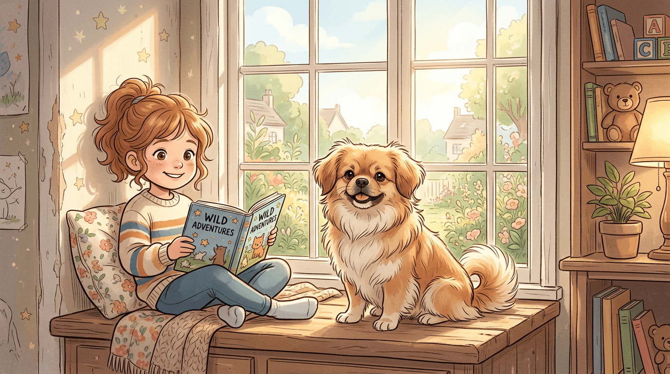 Ein flauschiger Tibet Spaniel sitzt auf einer gemütlichen Fensterbank neben einem lesenden Kind und schaut nach draußen.