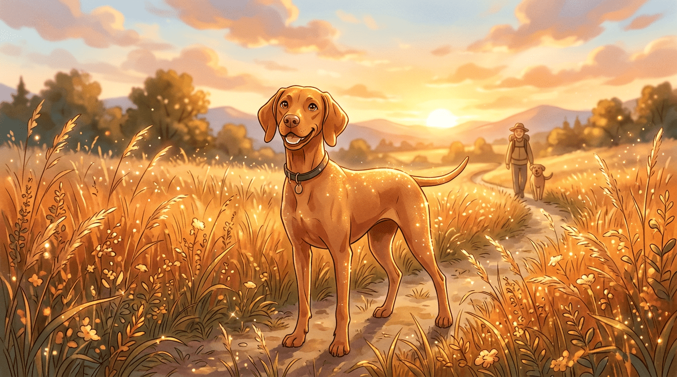 Eine freundliche Vizsla-Hündin mit glänzendem goldenem Fell steht in einem hohen Grasfeld bei Sonnenuntergang.