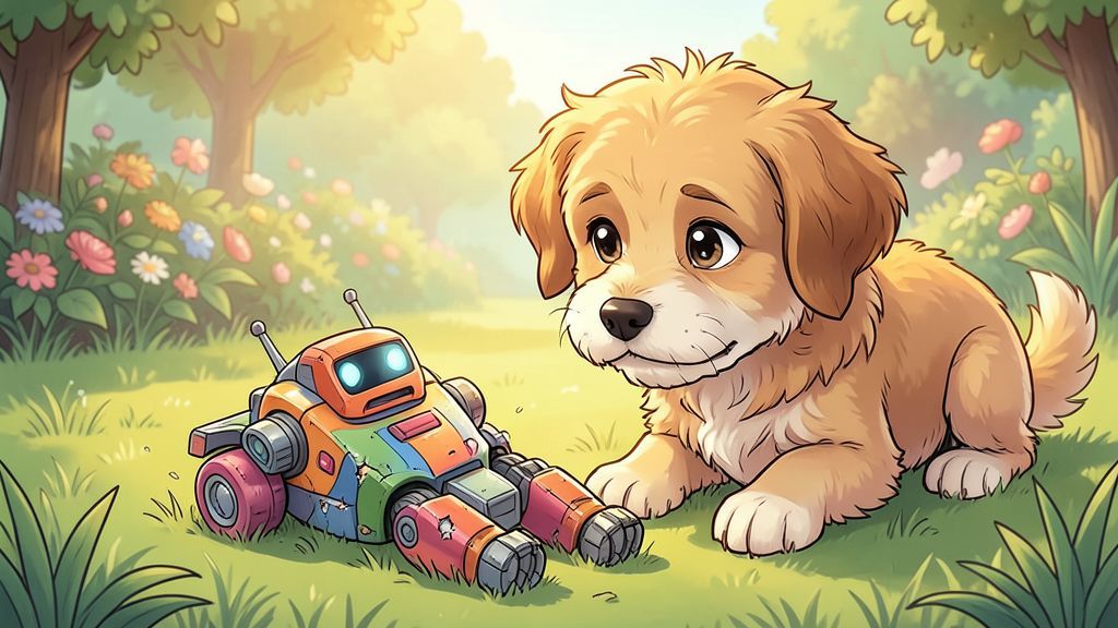 Eine Illustration eines kaputten Spielzeugroboters im Gras, neben dem ein freundlicher Hund neugierig steht.