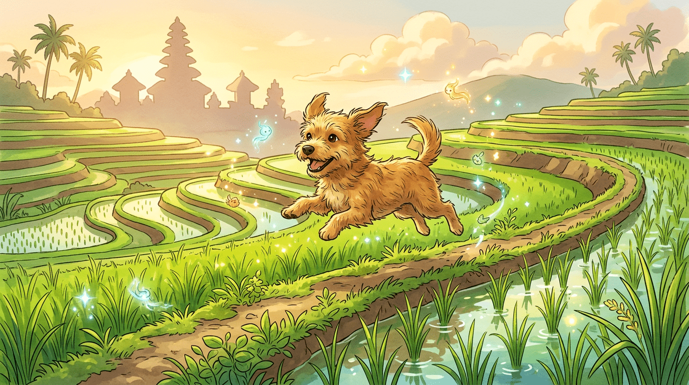 Ein kleiner, fröhlicher hellbrauner Hund springt spielerisch durch leuchtend grüne Reisterrassen auf Bali.