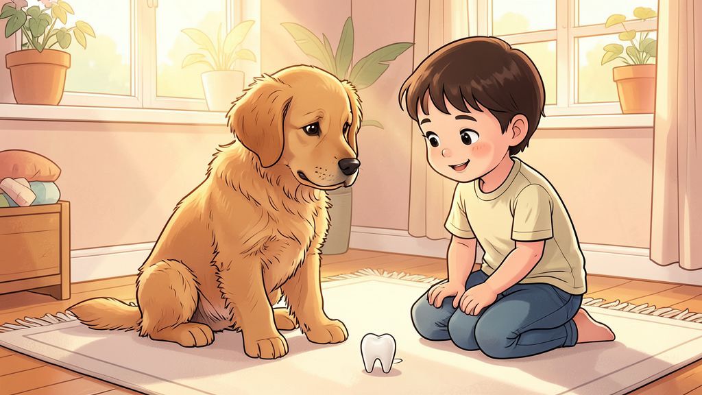 Ein flauschiger Golden Retriever Welpe betrachtet neugierig einen kleinen Milchzahn auf dem Zimmerboden.