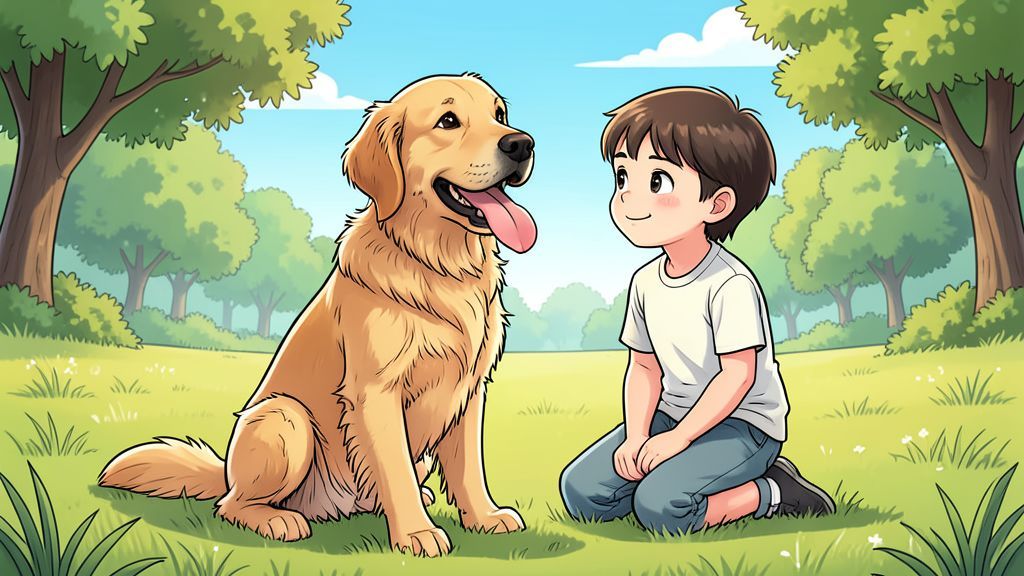 Ein freundlicher goldener Hund sitzt hechelnd auf einer sonnigen Wiese neben einem Kind.