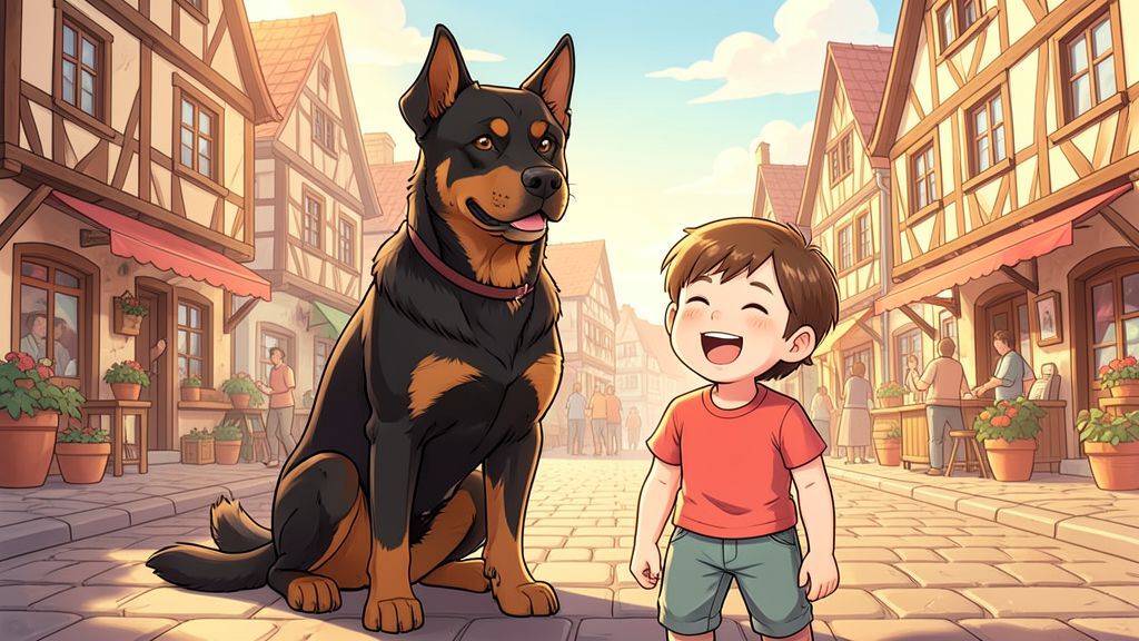 Ein kräftiger, freundlicher Rottweiler steht neben einem Kind auf einem alten Marktplatz.