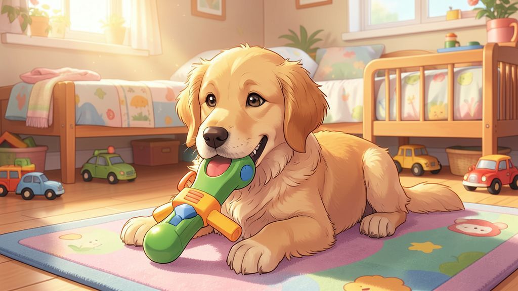 Ein glücklicher Golden Retriever Welpe kaut zufrieden auf einem Kauspielzeug in einem gemütlichen Kinderzimmer.
