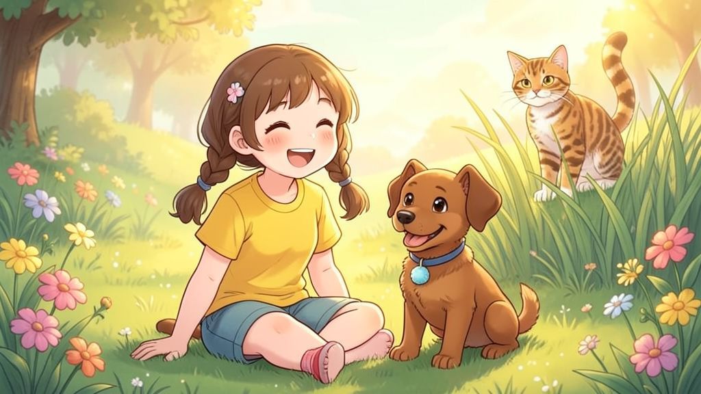 Ein lachendes Kind sitzt auf einer bunten Blumenwiese neben einem Dackel, während im Hintergrund eine Katze durch hohes Gras schleicht.