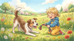 Ein Kind und ein Hund spielen gemeinsam mit einem Seil auf einer Wiese.