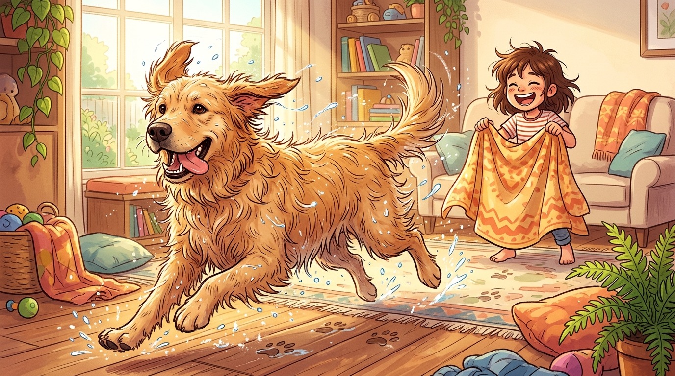 Ein fröhlicher, nasser Golden Retriever rennt voller Freude durch ein helles Wohnzimmer, während ein Kind mit einem Handtuch lacht.