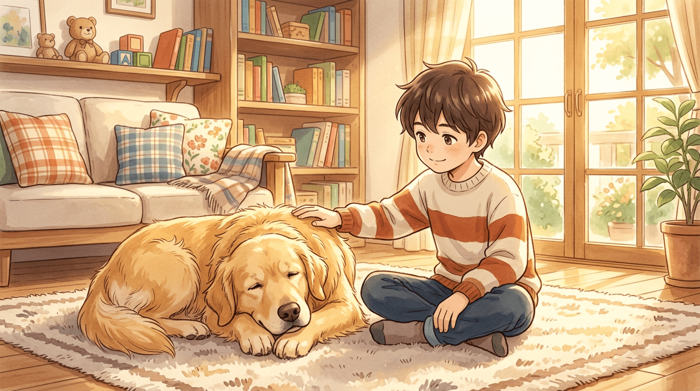 Ein glücklicher Junge sitzt neben seinem Golden Retriever im sonnigen Wohnzimmer und streichelt ihn beruhigend.