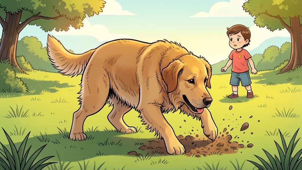 Ein freundlicher Hund scharrt nach dem Gassi gehen mit den Pfoten auf einer grünen Wiese.