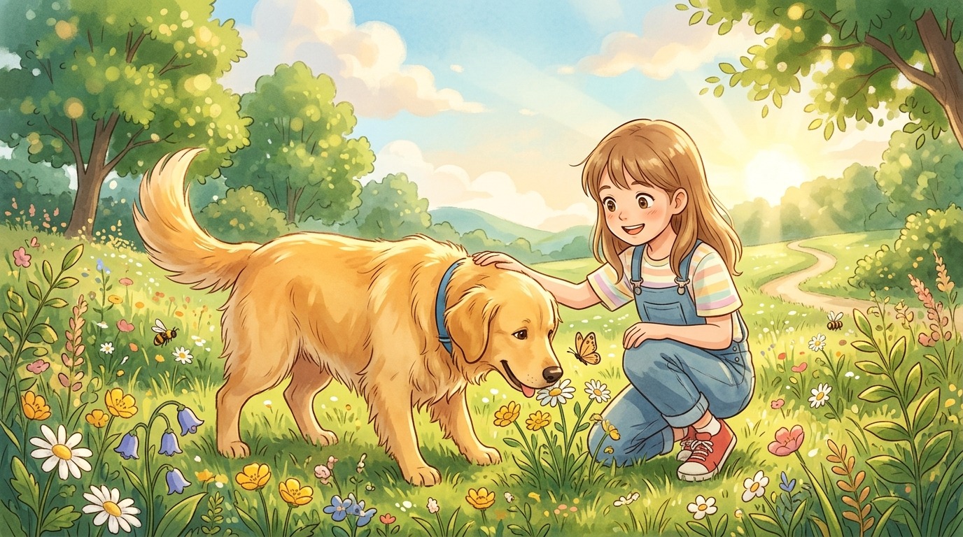 Ein glücklicher Golden Retriever schnüffelt auf einer Blumenwiese an einem Grashalm während ein Kind zuschaut.