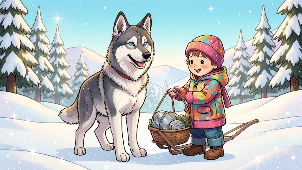 Ein freundlicher Husky steht neben einem Schlitten in einer glitzernden Schneelandschaft.