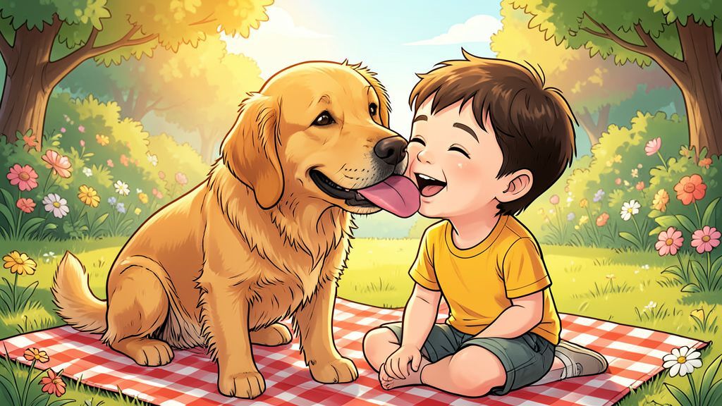 Ein fröhlicher Golden Retriever leckt einem lachenden Kind sanft über die Wange.