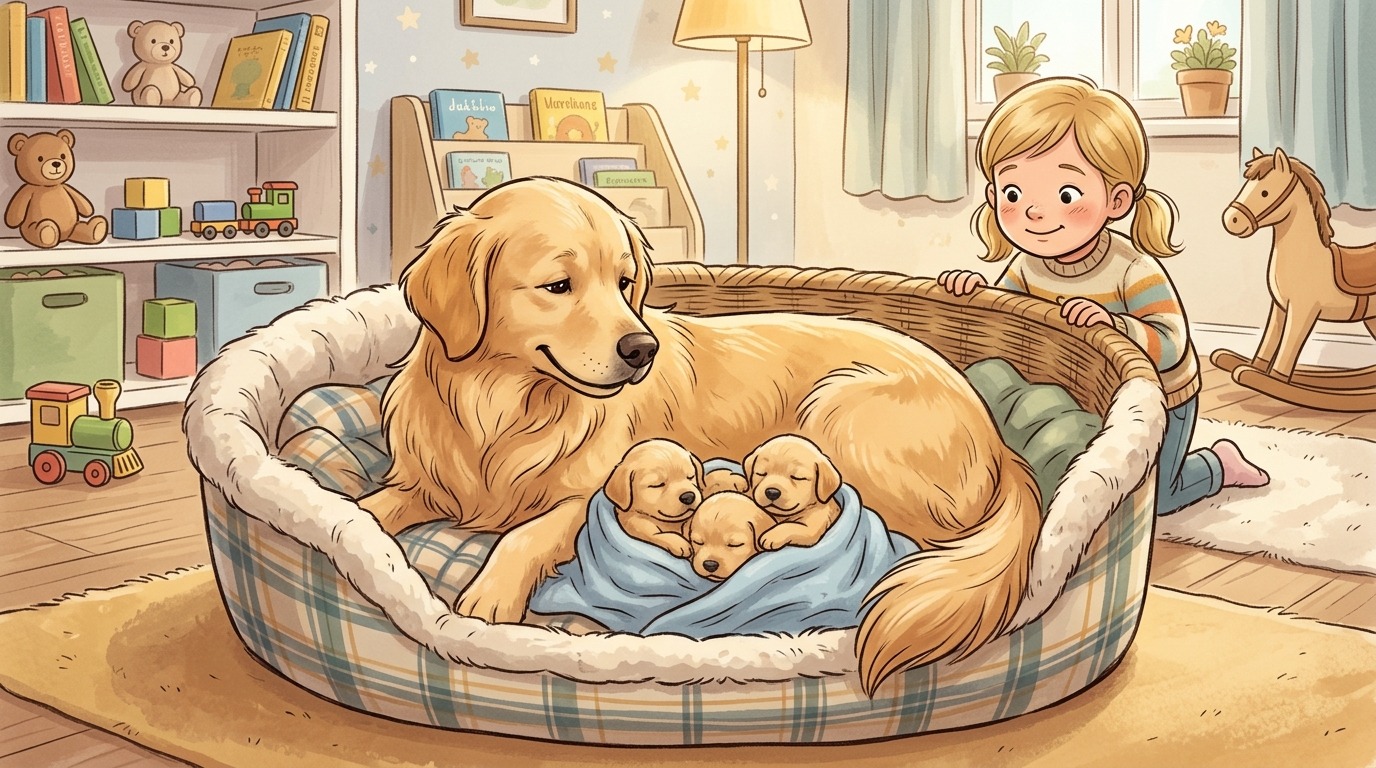 Illustration einer Golden Retriever Hündin mit ihren neugeborenen Welpen in einem Körbchen
