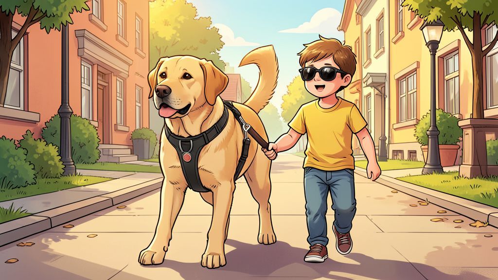 Ein gelber Labrador als Blindenführhund im speziellen Geschirr führt ein Kind sicher über einen sonnigen Gehweg.