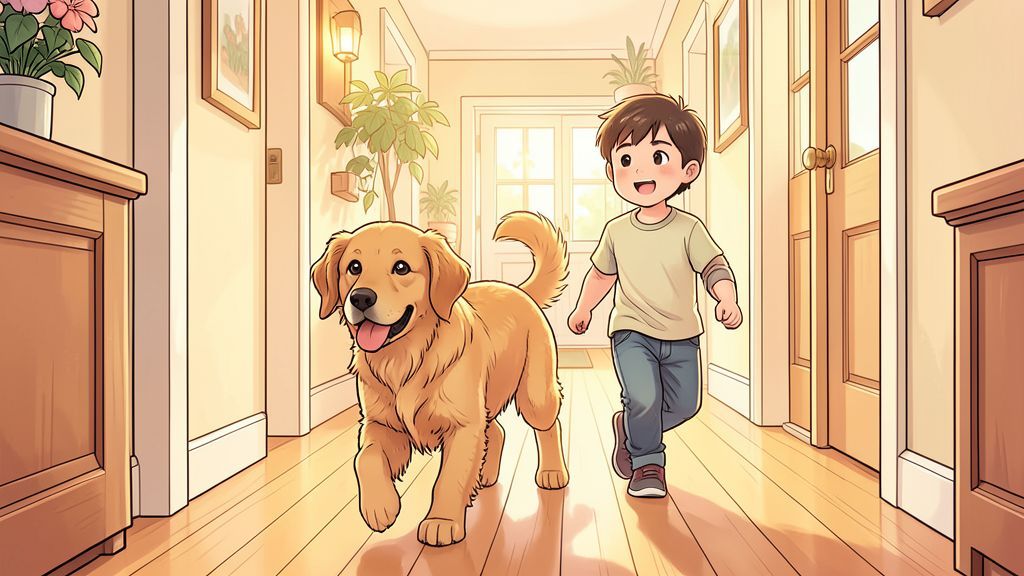 Ein kleiner Golden Retriever folgt einem Kind aufmerksam durch einen sonnigen Flur im Haus.