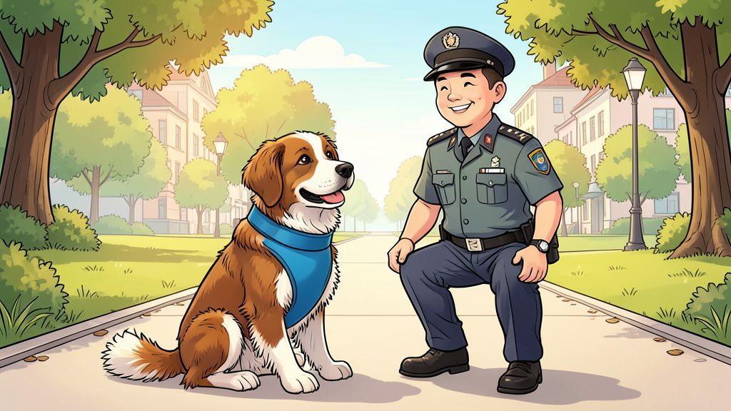 Ein aufmerksamer deutscher Schäferhund mit einem blauen Dienstgeschirr sitzt neben einem freundlichen Polizisten.