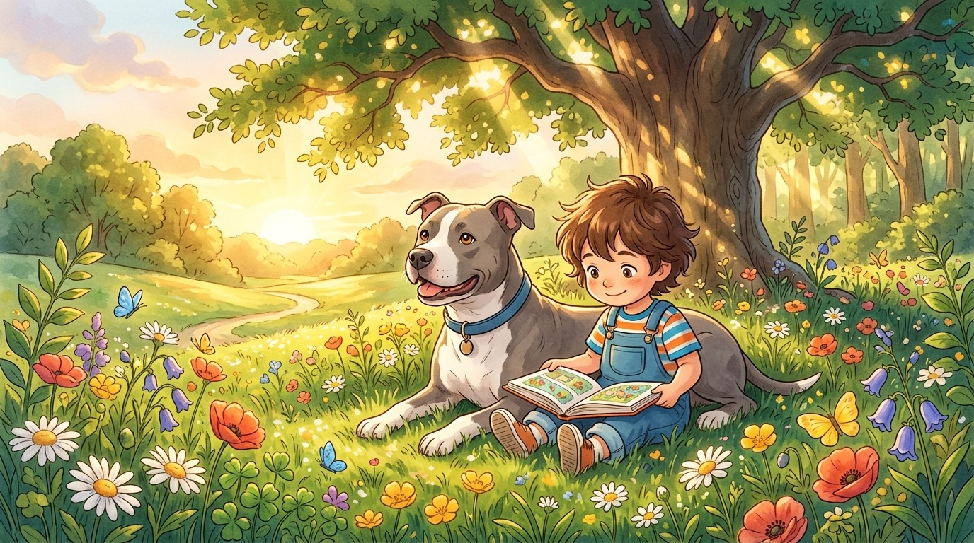 Ein glückliches Kind sitzt entspannt auf einer Wiese neben einem kräftigen, aber freundlich blickenden Hund.