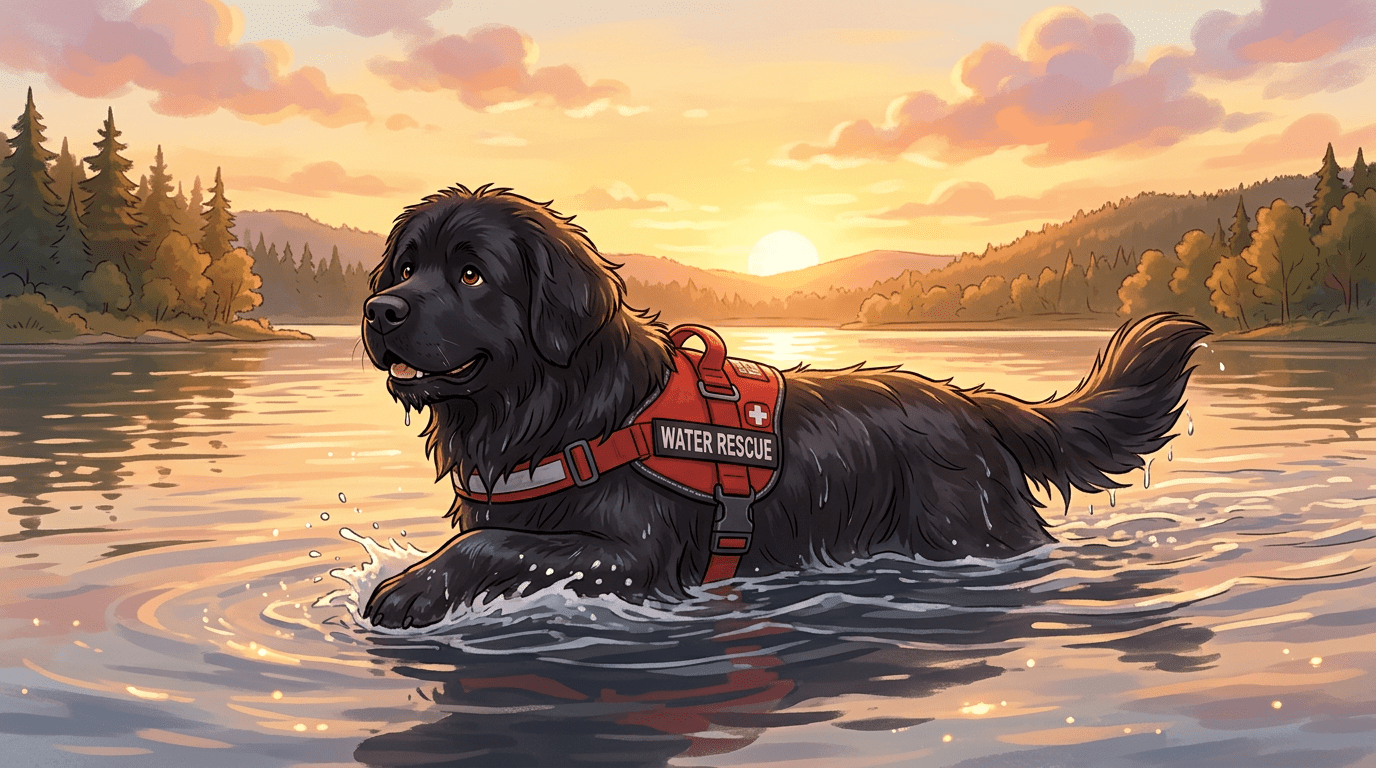 Ein großer, flauschiger Neufundländer schwimmt mit einer roten Rettungsweste in einem ruhigen See bei Sonnenuntergang.