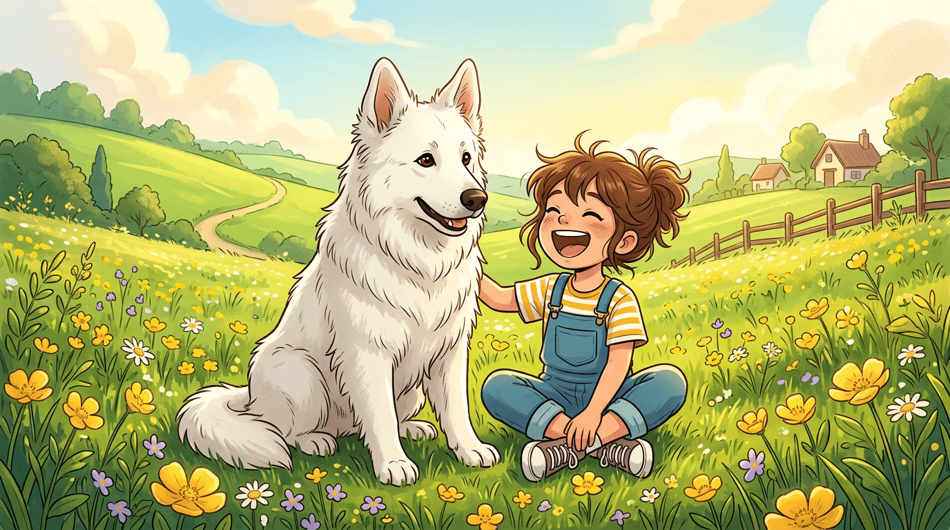 Ein lächelnder Weißer Schweizer Schäferhund mit weißem Fell und dunkler Nase sitzt neben einem Kind auf einer Sommerwiese.