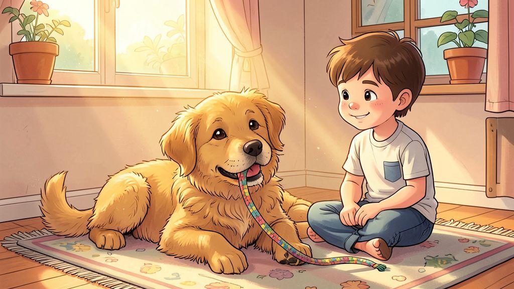 Ein flauschiger Welpe kaut glücklich auf einem bunten Kauseil, während ein Kind daneben sitzt.